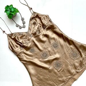 Victoria's Secret Gold Tan Silk Beaded Sequin Cami Spaghetti Strap Baby Doll Top